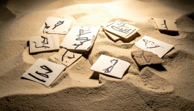 Scattered ancient Egyptian ostraca fragments bearing hieroglyphic inscriptions on a sandy surface, representing historical writing and archaeological discovery.