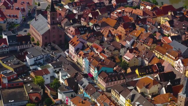 Aerial view of the city Eberbach in Germany on a sunny summer day
