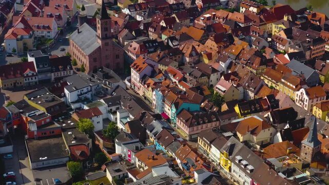 Aerial view of the city Eberbach in Germany on a sunny summer day