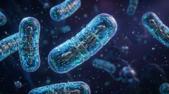 Microscopic View of Capsule-Shaped Bacilli Bacteria Floating in Blue Fluid