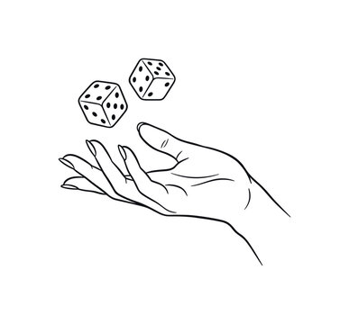 Hand throwing a pair of dice and preparing to see the result in profile, minimalist elegant black line art illustration, isolated