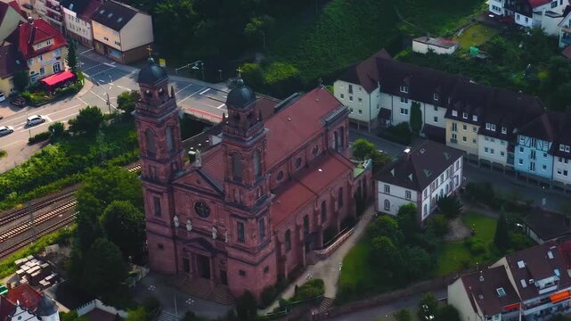 Aerial view of the city Eberbach in Germany on a sunny summer day