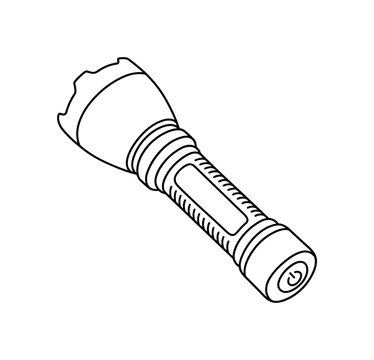 Handheld tactical flashlight with a textured grip and wide bezel head, minimalist elegant black line art illustration, isolated on