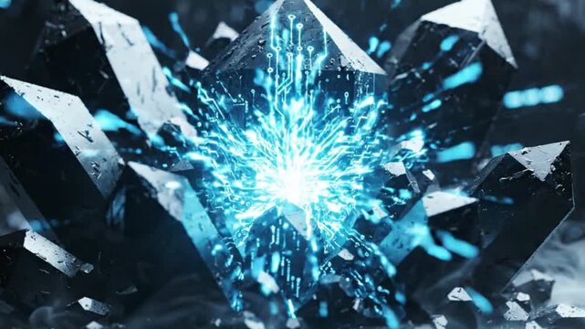 Abstract Blue Energy Crystal Exploding with Light Particles