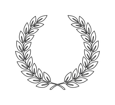 Laurel wreath crown symbol of victory with detailed overlapping leaves, minimalist elegant black line art illustration, isolated