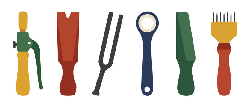 Leather Crafting Tools Set, Manual Handcraft Equipment for Artisan Leatherwork, Professional Working Gear for Stitching, Skiving, and Punching, Flat Illustration Design on Isolated White Background