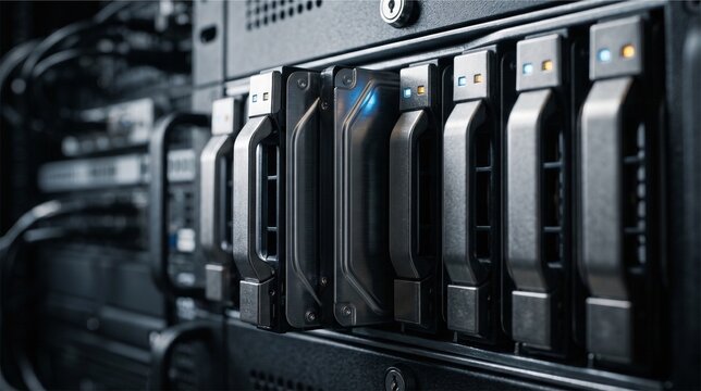 Modern data center rack housing multiple drives trying secure information