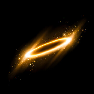 Golden glowing ring with sparkling light effects on black background. Luxury magic circle isolated in elegant minimal style.