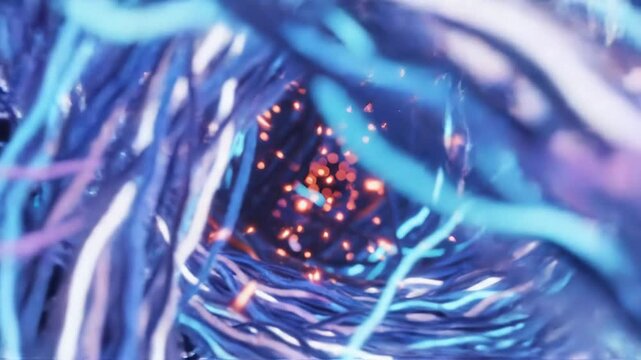 Abstract 3D render of a tangled knot of glowing blue and purple energy lines with radiating chaotic tendrils on a black background representing complex thought and mental chaos.