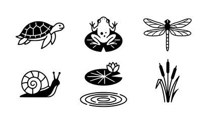 Modern Pond Ecosystem Icons Monochrome Vector Illustration Collection © Razu