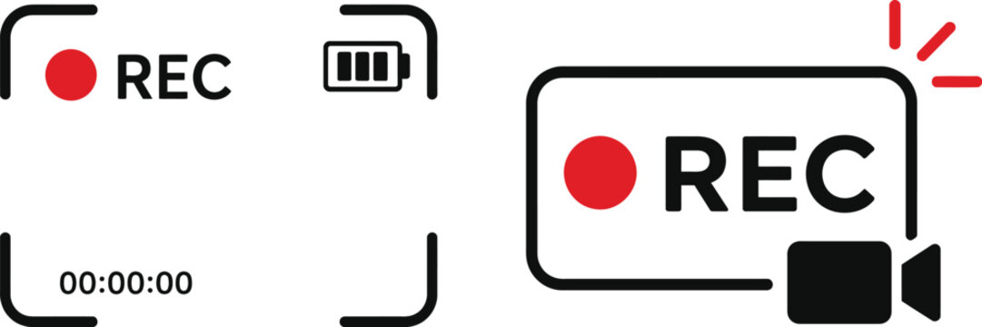 Video Recording Icon Set with REC Symbol and Movie Camera Silhouette