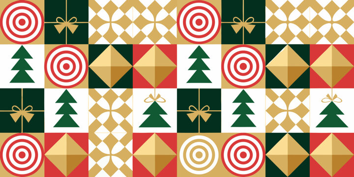 retro christmas pattern with geometric shapes and festive elements