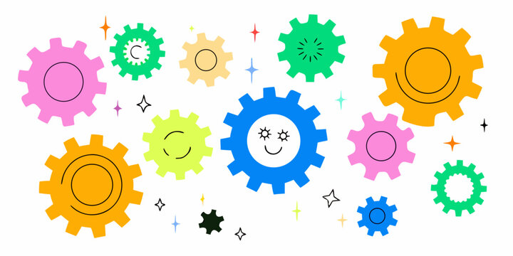 colorful gears with smiling faces flat vector illustration on white background