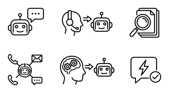 AI chatbot vector icon set, artificial intelligence assistant, customer service automation, machine learning and digital support, modern linear black and white graphics for tech interfaces