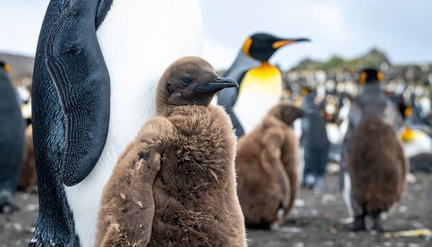 Fluffy King Penguin Chick Huddles for Warmth Amongst Adults in a Wild Colony