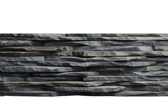 Stacked stone wall texture creating a horizontal pattern with natural rough grey and brown slate slabs, transparent background