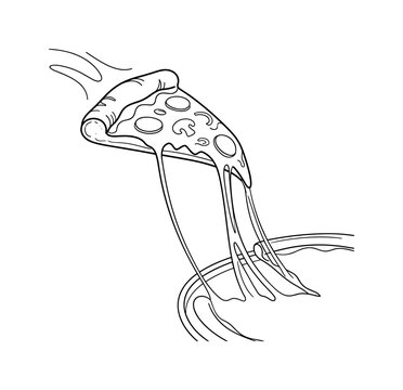 Pizza slice being lifted with a long string of cheese and movement lines, minimalist elegant black line art illustration, isolated