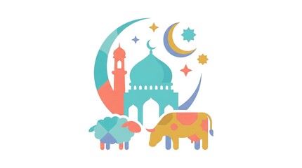 Fototapeta premium Colorful Islamic Illustration Featuring Mosque Crescent Moon and Animals.