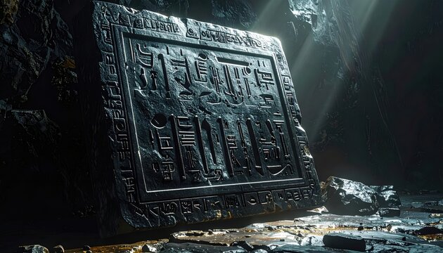 Ancient Phoenician Script Tablet Deeply Incised Characters on Dark Stone in Dramatic Light