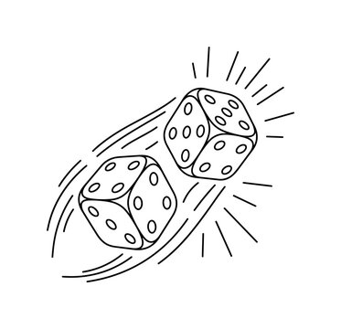 Rolling dice captured in motion with dynamic speed lines and light rays, minimalist elegant black line art illustration, isolated