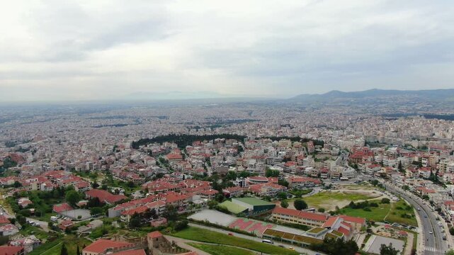 Aerial view of Coastal city of Thessaloniki, Greece. Top View of Buildings and Sea