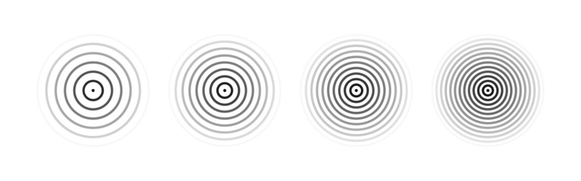 Circle wave pain. Sound ripple icon. Black effect pulse isolated on white background. Ultrasound icon. Concentration sound. Rounded pattern. Effect waves water. Circular echo wave. Vector illustration