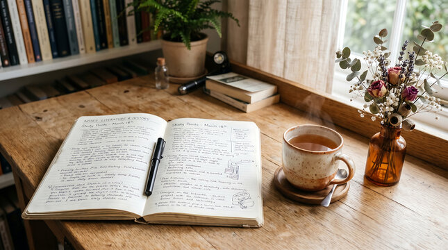 Open book with pen and coffee cup on wooden table ai generated