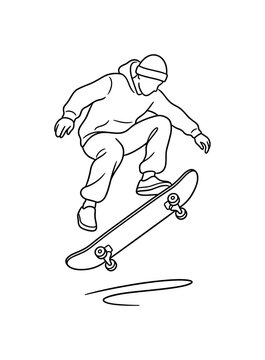Skateboard performing an ollie jump trick in mid-air with a shadow line, minimalist elegant black line art illustration, isolated