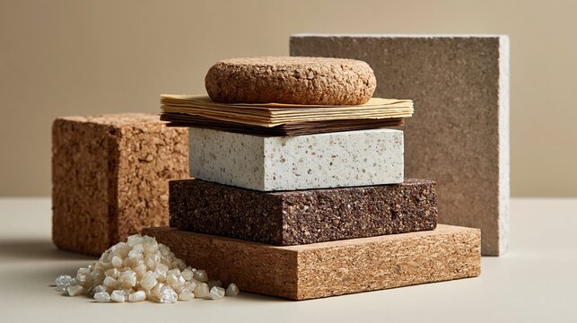 Circular economy materials including bioplastic pellets, recycled paper, cork, and chipboard