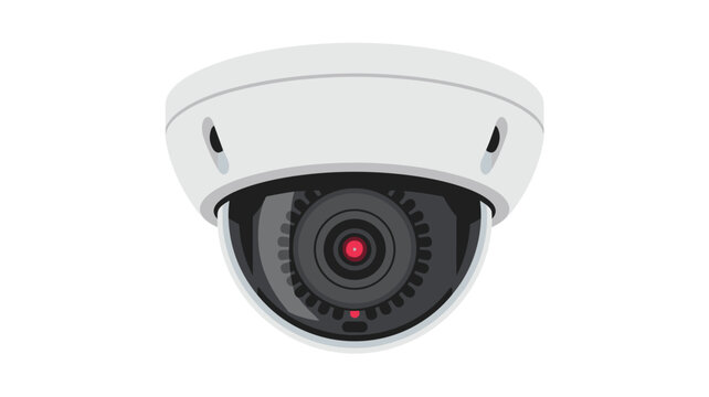 A dome security camera is attached to a flat surface with a glowing red infrared sensor visible through the dark central lens housing against a clean bright minimalist background.