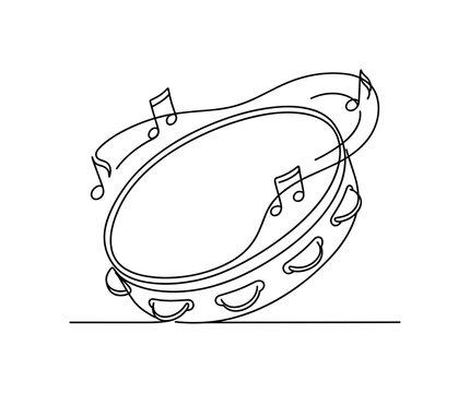 Tambourine resting on a floor with a few musical notes swirling around its rim, minimalist elegant black line art illustration,