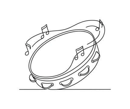 Tambourine resting on a floor with a few musical notes swirling around its rim, minimalist elegant black line art illustration,