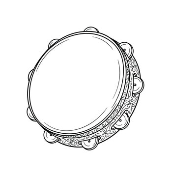 Tambourine with a drumhead surface and a decorative pattern along the frame, minimalist elegant black line art illustration,