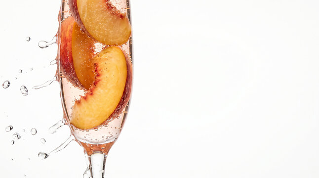 Fresh organic peach slices with sparkling wine bubbles and clear liquid splashes on the far left of a white background with wide copy space