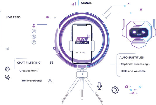 AI powered live streaming vector illustration featuring auto subtitles, chat filtering, virtual assistant interface, and smartphone broadcasting technology setup