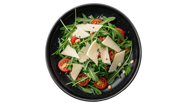 Black ceramic bowl filled with fresh organic green rucola salad for healthy vegan nutrition on transparent background