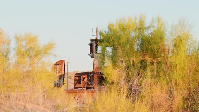 Muynak, Uzbekistan - 16th august, 2025: kids play in Moynaq Ship Graveyard Uzbekistan: Rusting fishing vessels stranded in Aralkum Desert. Environmental disaster memorial showing the dried Aral Sea