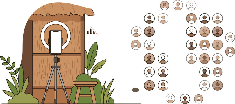 Rural content creator vector illustration featuring smartphone tripod studio setup, ring light recording, and social media audience growth concept