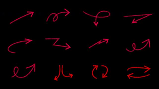 Hand-drawn red arrow animations set, animated scribble directional markers on black background