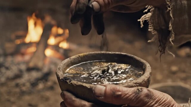 Cinematic Close-up of Ancient Hands Sifting Gold Flakes into a Rustic Clay Bowl by Campfire Light