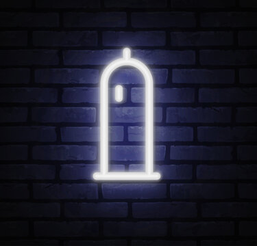 Minimal neon condom outline in bright white light on dark brick. Clean simple shape emphasizes protection and health awareness. Ideal for medical graphics, safe sex