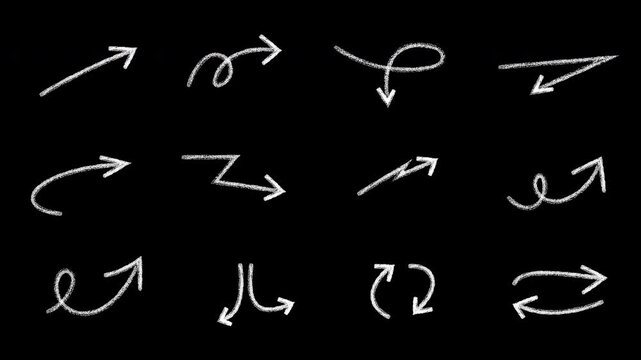 Hand-drawn chalk arrow collection set on black background, for motion and, doodle