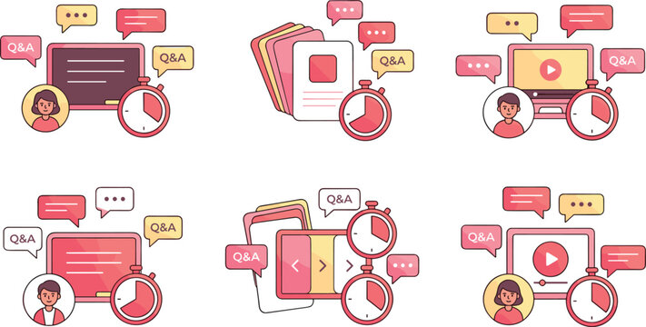 Online learning and webinar workflow vector set featuring digital communication, video presentation, and virtual Q and A interaction illustrations