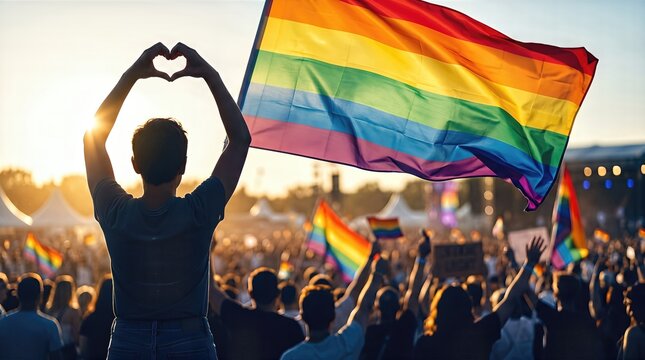 Individual holding rainbow flag and making heart gesture at LGBTQ Pride Parade with crowd and colorful flags in the background during a vibrant outdoor celebration