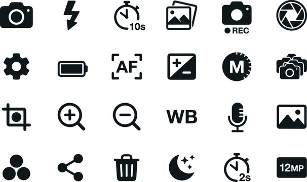 Photography and videography icons, digital camera and camcorder vector symbols, movie production and social media content creation elements on transparent background