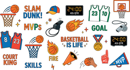 Naklejka premium Professional basketball game element collection, sports championship stickers with ball, hoop, medal, and motivational quotes on transparent background