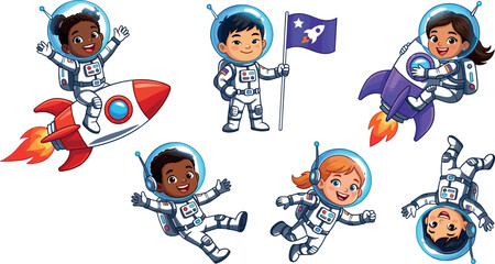 Whimsical kid astronauts exploring outer space with rockets collection for children design elements © MdMojnu
