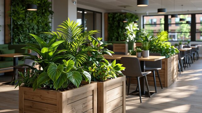 Co - working garden hall with work pods and lush vertical greenery