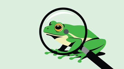 Fototapeta premium A bright green frog with large eyes is viewed through a circular magnifying glass against a clean, light, and minimal background in a flat illustration style.