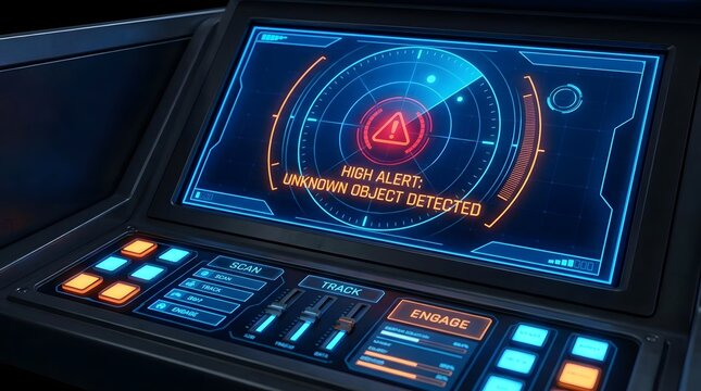 Futuristic control panel screen displaying a warning alert with radar and digital interface command center user interface warning sign sci